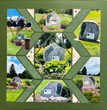 A square scrapbooking collage-style artwork showing multiple outdoor photographs of gravestone markers in landscaped gardens, arranged in a green geometric diamond pattern. 