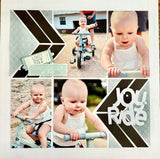 A baby-themed scrapbook page collage featuring five photos of a toddler riding a light blue tricycle, with decorative black and gray geometric borders, a ticket graphic reading 'ADMIT ONE', and the words 'JOUR Ride' on a white background.